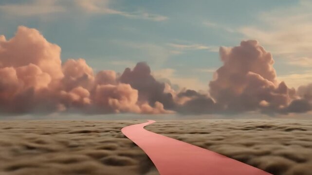 Pink path winding through fluffy clouds in an ethereal sky, symbolizing journey, aspiration, and a path to success or dreams.