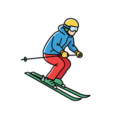 Illustration depicting a skier in motion, gliding down a snowy slope with skis.