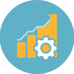 Fototapeta premium Icon with orange bar graph and upward arrow with white gear on a blue circular background Keywords: business, growth, chart, graph, arrow, up, upward, trend, gear, cogwheel, mechanism, industry