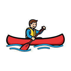 Cartoon illustration of a person paddling a red canoe on blue water, wearing a yellow life vest.