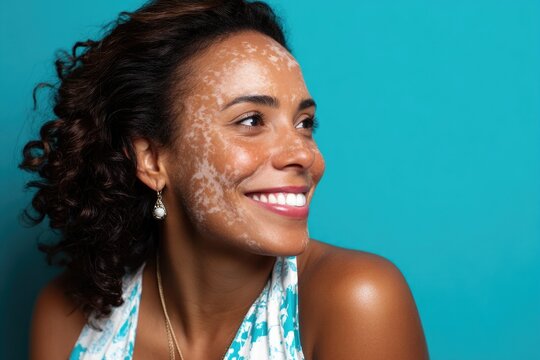 Confident african female with vitiligo smiling against blue background