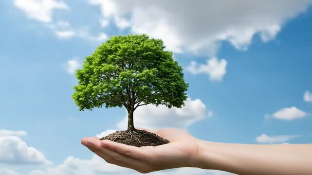 Symbolism of protection, ecology and sustainable development, with the small tree growing from a person's hand against the background of blue sky and clouds