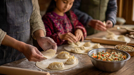Asian family cooking together: making dumplings with care and tradition