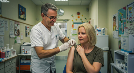 Female adult receiving vaccination from male medical professional in clinic setting