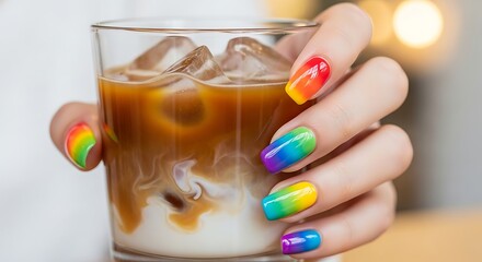 Close-up of a hand with eye-catching rainbow gradient nails elegantly holding a glass of iced latte, a symbol of personal expression and modern cafe culture