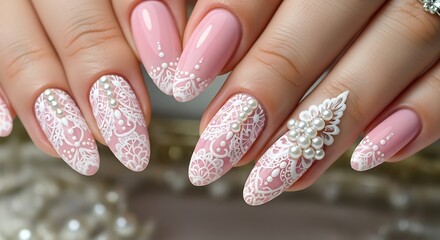 A sophisticated pink manicure featuring delicate white lace patterns and intricate pearl embellishments, perfect for a wedding or special occasion