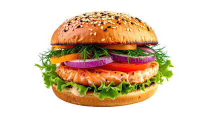 Close-up of a salmon burger on a sesame seed bun. Fresh toppings include sliced tomatoes, red onion, bell pepper, and fresh dill. Crispy bun