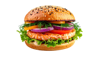 Close-up of a salmon burger on a sesame seed bun.  Fresh toppings include sliced tomatoes, red onion, bell pepper, and fresh dill.  Crispy bun