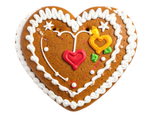 Heart-shaped gingerbread cookie, decorated with icing
