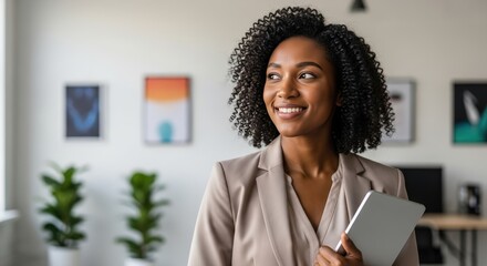 Portrait of a smiling african american businesswoman holding a tablet in an office space