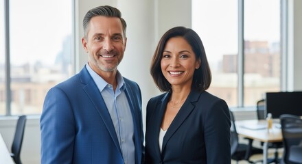 Portrait of smiling business colleagues in suits standing in a modern office setting indoors