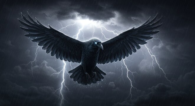 Crow in flight during storm - Powered by Adobe