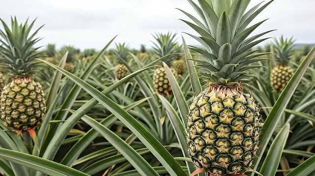 Pineapple Plantation with Rows of Green Plants and Gray Sky Overhead Fruit Farming Cultivation Agriculture and Crop Production Yellow Ripe Tropical