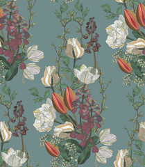 Flowers and leaves in vintage style, seamless pattern	
