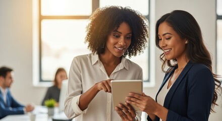 Two women looking at a tablet in an office setting with other people in the background