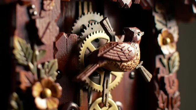 Close-up view of a vintage wooden cuckoo clock with intricate carvings and a bird detail