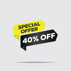 "Realistic 3D rendered special offer, 40% off discount, yellow and black geometric shapes, isolated on white background, modern minimalist design"