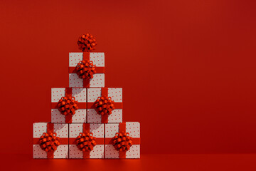 Stacked white gift boxes with red ribbons on red background for christmas. 3d rendering