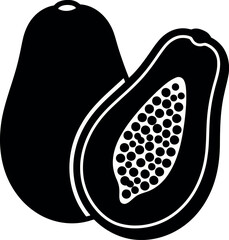 Black Silhouette Of A Whole Papaya And A Halved Papaya On White Background fruit tropical