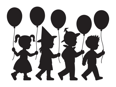 Children in costume holding balloons walking in a parade silhouette - Powered by Adobe