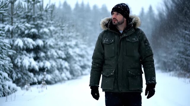 A man in a green parka walks along a snowy forest path. The man in a green parka is surrounded by snow-covered trees and a serene winter atmosphere.