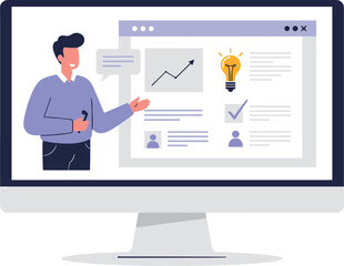 Person presenting data and ideas in online webinar with charts, icons, and innovation symbols on computer screen