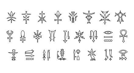 Collection of Esoteric Symbols and Glyphs in Outline on White Background sign icon