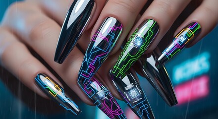 Futuristic Nail Art Cyberpunk-Inspired Designs with Circuit Board Graphics and Metallic Accents
