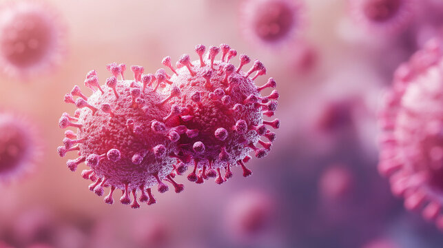 Valentine Day two coronavirus covid-19 hearts. Mutation virus cells 3D Valentine's day illustration. Corona virus 2019-ncov strains, mutated omicron, delta variants, coronavirus SARS-CoV-2 flu disease