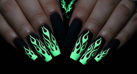 Glow-in-the-dark neon green flame acrylic coffin nails with matte black finish