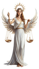 Obraz premium Mystical, Elegant and celestial Libra Zodiac Sign Goddess with Scales of Justice and Astrological Elements, Line art and Silhouette illustration