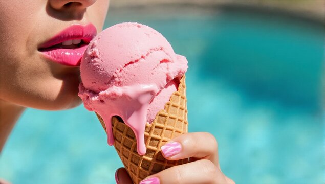 Delicious Pink Strawberry Ice Cream Cone Close Up Summer Lifestyle