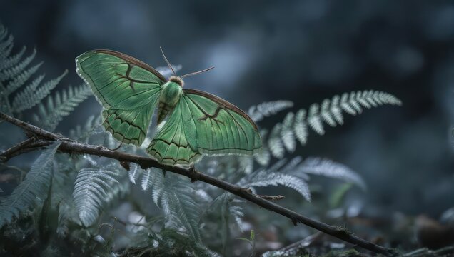 A vibrant green moth rests on a branch, surrounded by delicate fern fronds in a muted blue-gray forest - Powered by Adobe