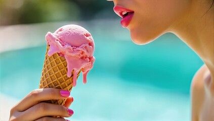 Summer Delightful Moment With Strawberry Ice Cream Cone And Young Woman Profile