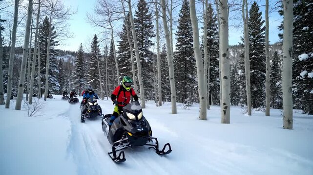A man rides a snowmobile through a snowy forest trail, leading a group across the snowy landscape. The man on the snowmobile navigates past trees under the winter sky.