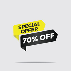 "3D yellow and black special offer banner, 70% off discount, modern minimalist geometric design, stylized high-quality digital art"
