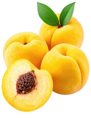 Three ripe, yellow peaches, one sliced, with green leaves