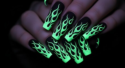 Neon green flame-designed matte black stiletto nails glowing in the dark for a vibrant aesthetic