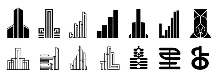 Set of abstract black and white stylized building and architectural icon designs architecture skyscraper