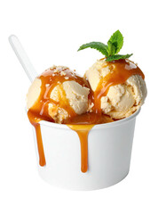Two scoops of creamy vanilla ice cream, dripping with caramel sauce, in a white paper cup, topped with fresh mint leaves. A plastic spoon rests beside it
