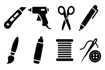 Crafting tools icon set. Vector black symbols of scissors, glue, pen, brush, and sewing glyph illustrations