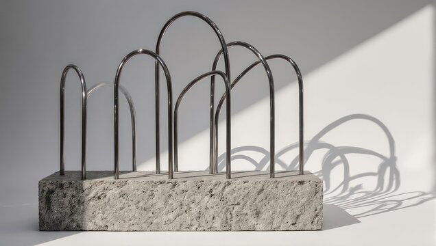Artistic concrete and metal sculpture with arched design, modern aesthetic.