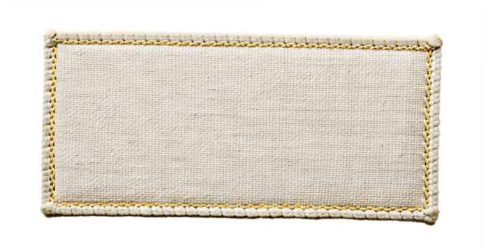 Rectangular fabric label with yellow stitching isolated on a transparent background