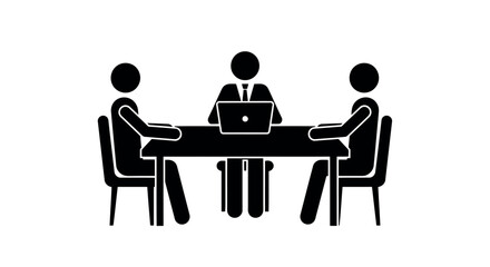 Simple Black Silhouettes of Three People Sitting at a Table with Laptop on White Background Keywords: silhouette, people, meeting, business, discussion, collaboration, teamwork, office, table