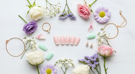 Elegant Nail Design and Floral Arrangement A Harmonious Composition on a Marble Surface