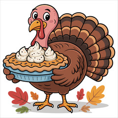 Happy cartoon turkey holding delicious pie thanksgiving celebration autumn leaves festive
