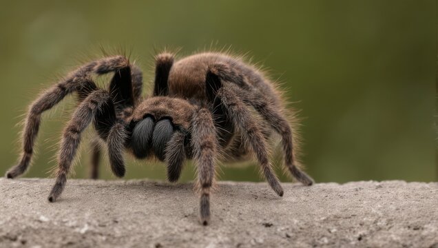 Close-up view of a large, hairy tarantula spider on a surface.