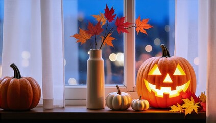 Halloween night still life with carved pumpkins and autumn leaves by the window