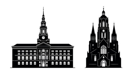 Fototapeta premium Two Black Silhouettes of Buildings with a Clock and Cross on a White Background architecture church