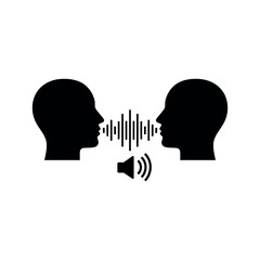 Two Silhouetted Heads Facing Each Other with Sound Waves and Speaker Icon communication conversation